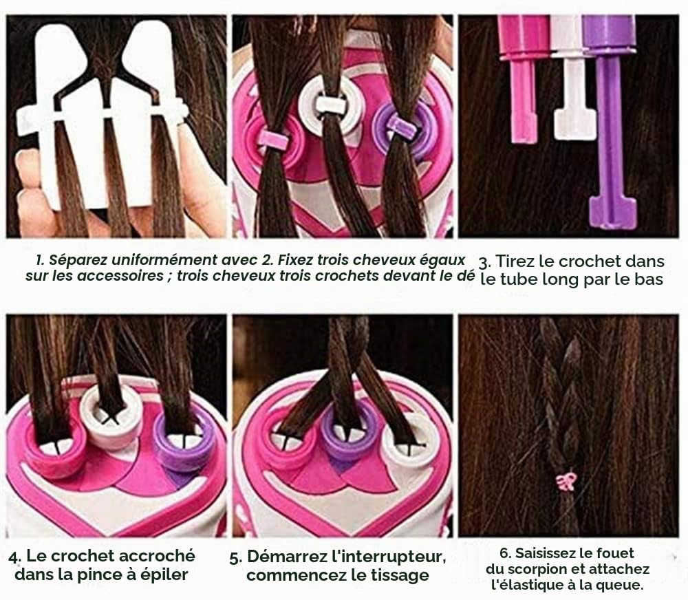 Machine à tresser les cheveux électrique pour fille - Tresseur automatique de cheveux - Machine à tresser les cheveux - Machine à tresser automatique - Pour femme - Outils de coiffure - Rose et blanc