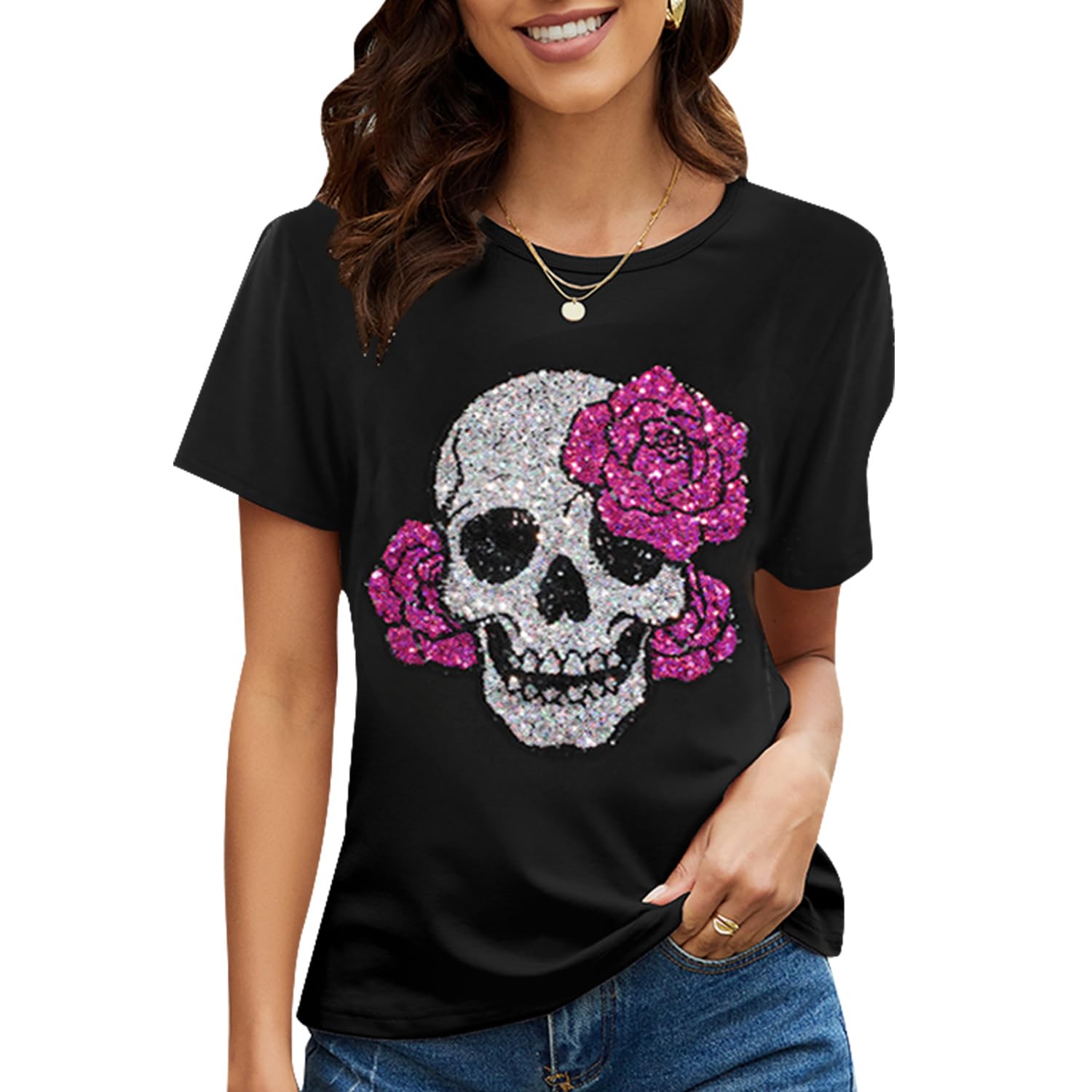 PESION Womens Short Sleeve T-Shirt Sequined Tops O-Neck Funny Graphic Tees Blouse