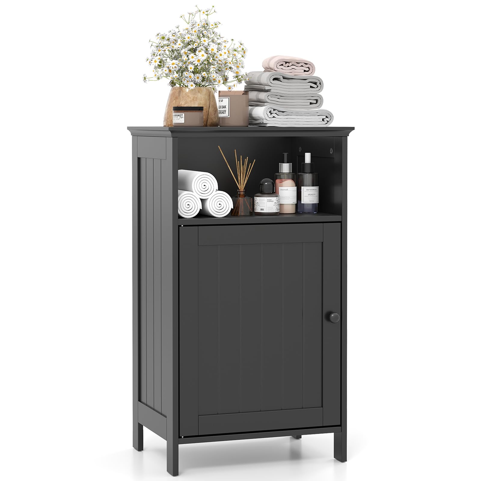 COSTWAY Badezimmerschrank, Badschrank mit Tür und verstellbarem Regal, Badezimmer Schrank freistehend, Aufbewahrungsschrank Holz für Badezimmer, Wohnzimmer, 40 x 30 x 70 cm (schwarz)