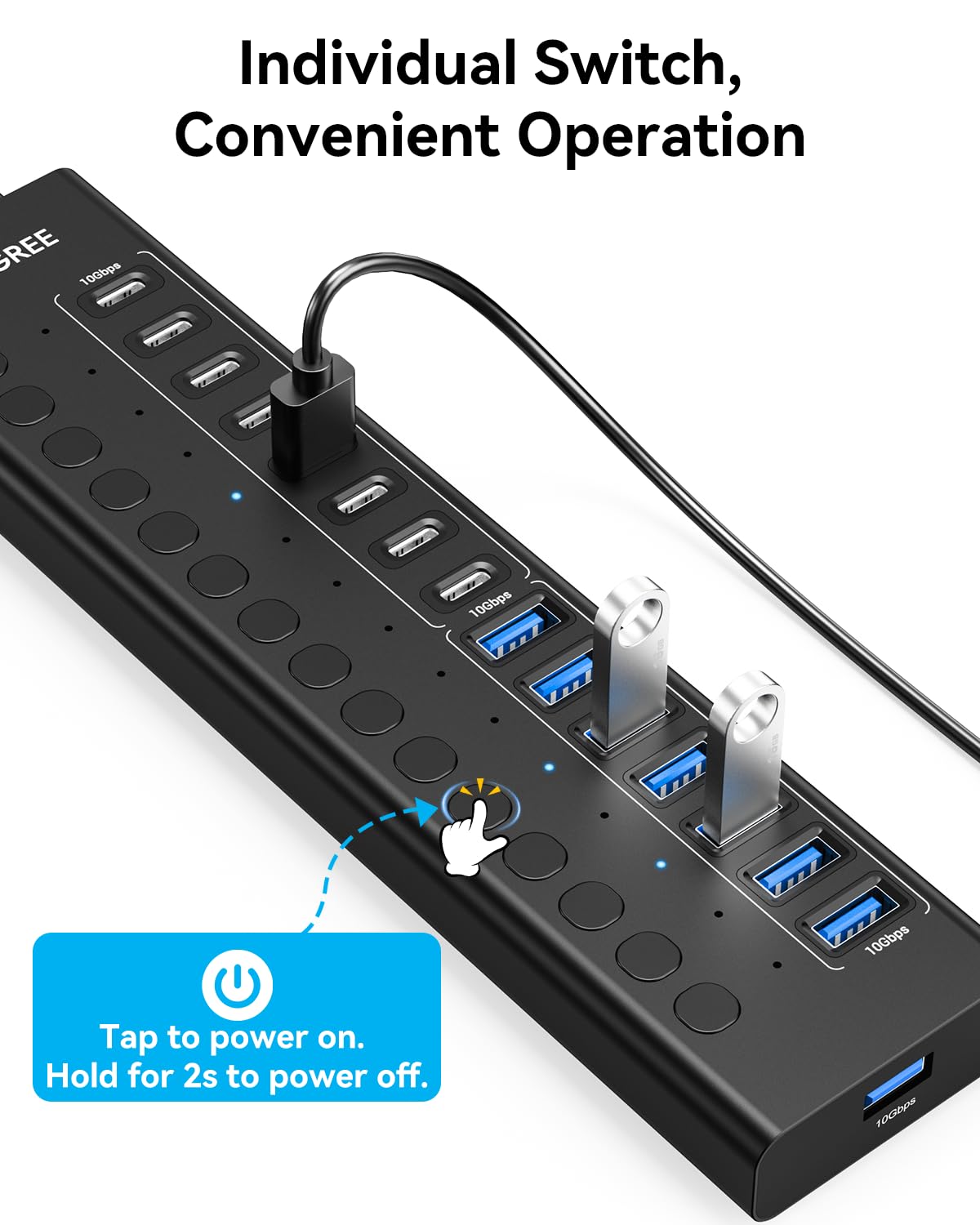 VANGREE Powered USB Hub, 16 Ports 10Gbps USB C Hub, 8X USB-A + 8X USB-C