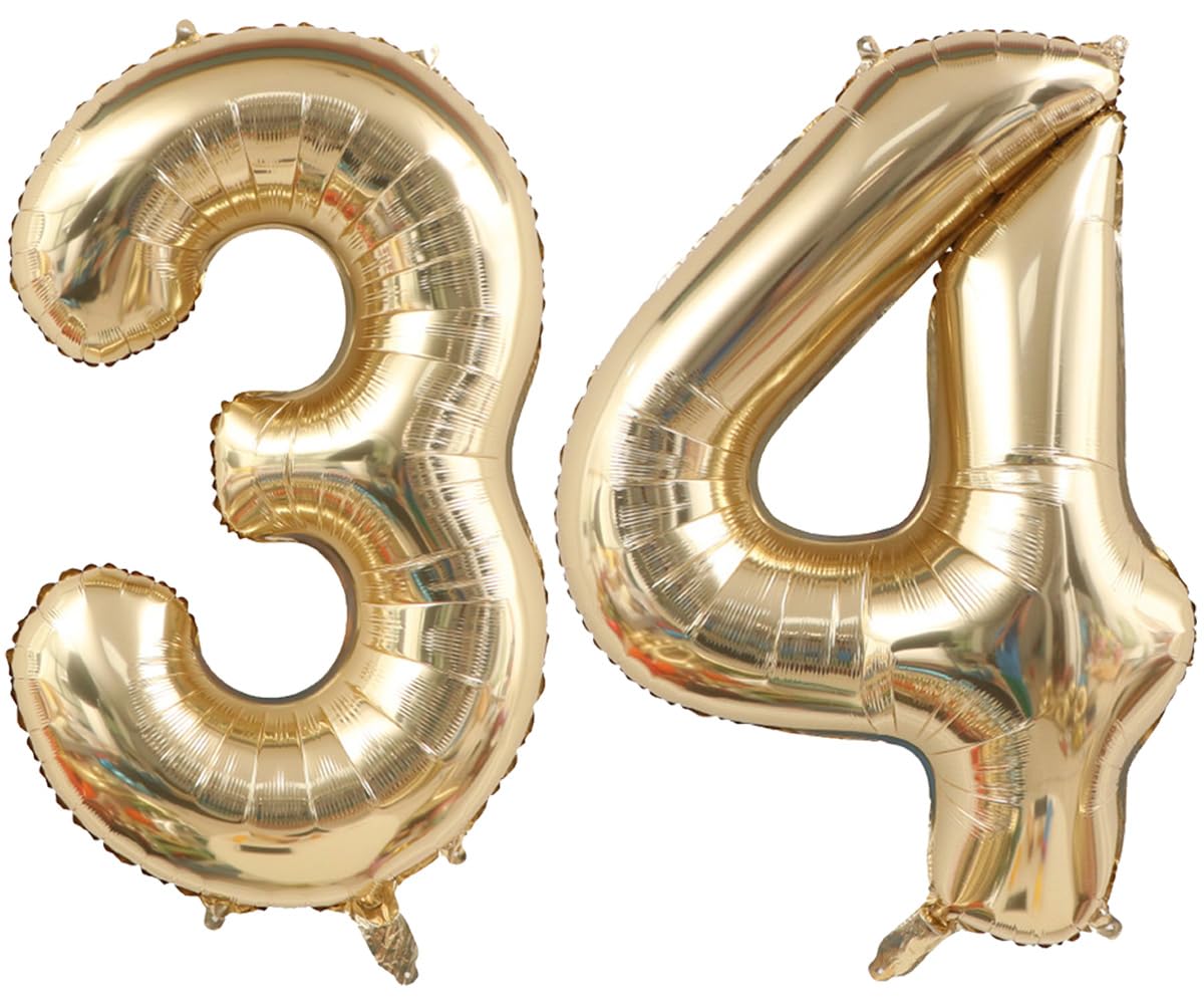 Light Gold Number 34 Balloon 40in White Gold 34 Foil Mylar Digital Balloon | Champagne Gold Birthday Jumbo Giant Large Helium Balloons 34th or 43rd Anniversary Events Party Decorations Supplies