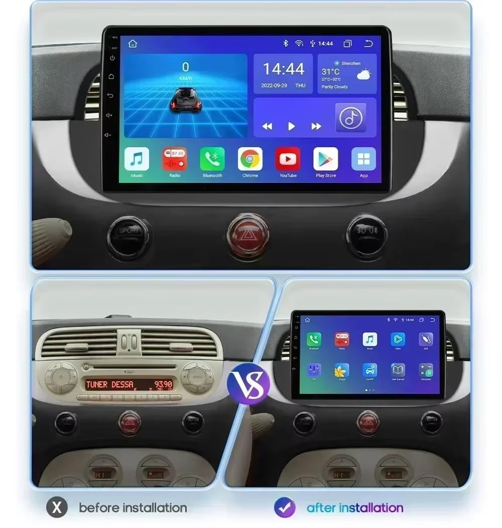 Generico Autoradio Android 15 2 DIN con Schermo Touchscreen da 9 Pollici per Fiat 500 2007-2014 con Telecamera Posteriore/CarPlay/Bluetooth/FM/GPS/USB/Wi-Fi 4G/Comandi al Volante/Audio per Auto (EP20
