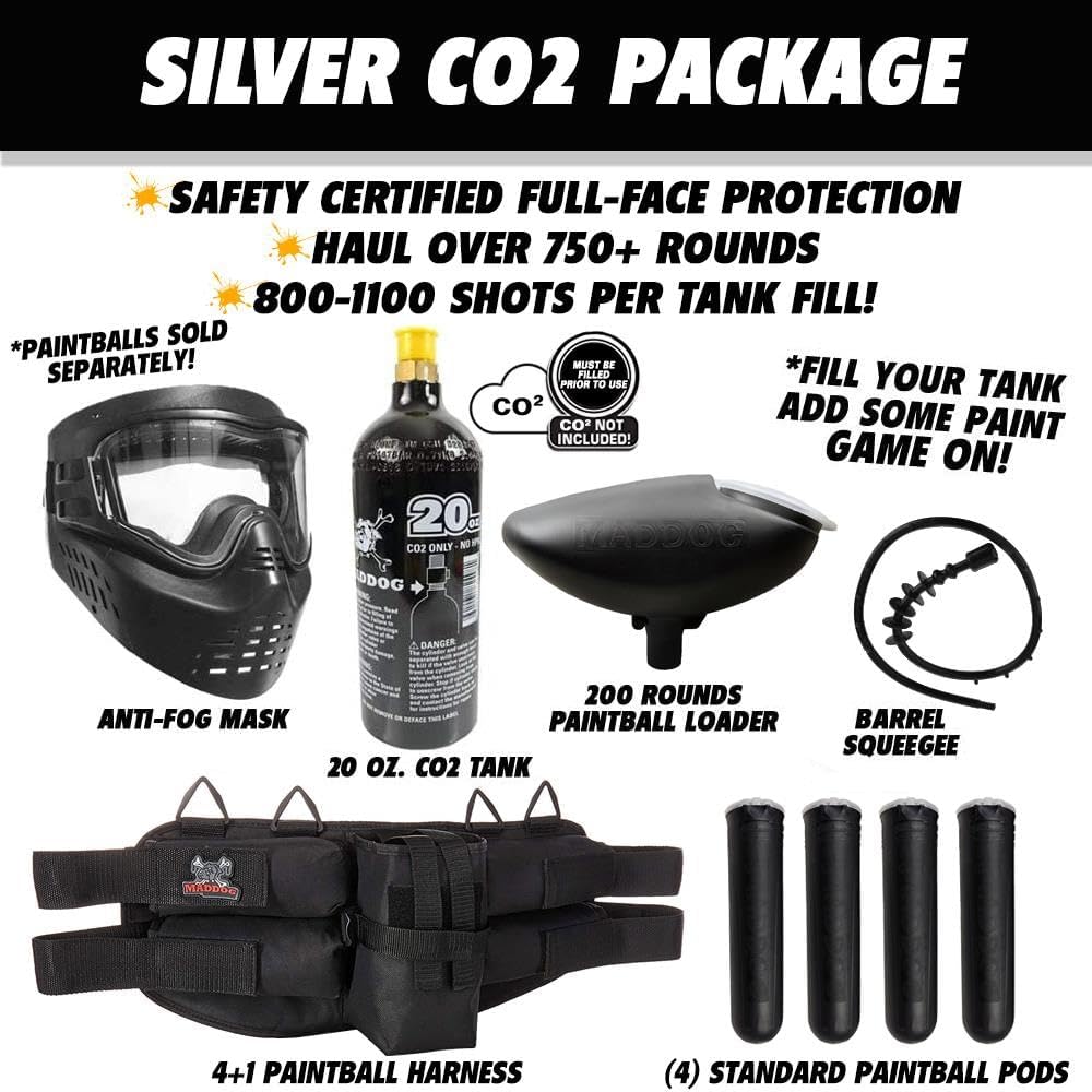Maddog Tippmann Vantage Semi-Automatic .68 Caliber Silver CO2 Paintball Gun Marker Starter Package - Black