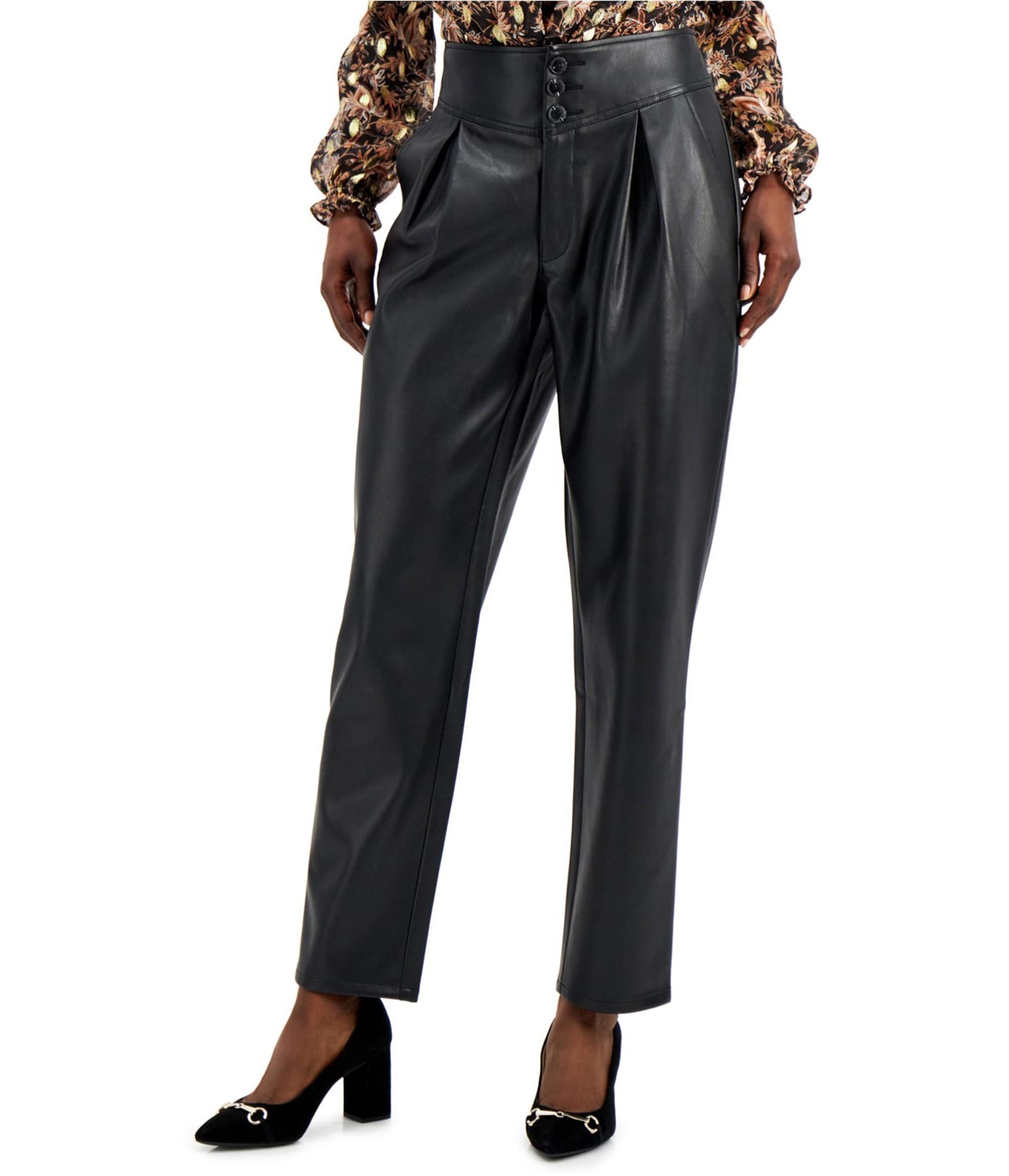 INC Womens Black Faux Leather Pleated Pocketed Tapered Party Pants 8