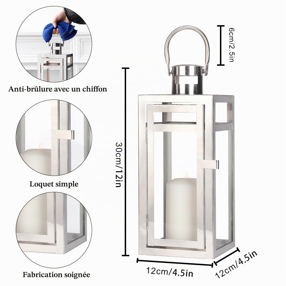 TRIROCKS Lanterne Décorative en Acier Inoxydable 30 cm, Porte-Bougie Suspendu avec Verre Clair, Argent