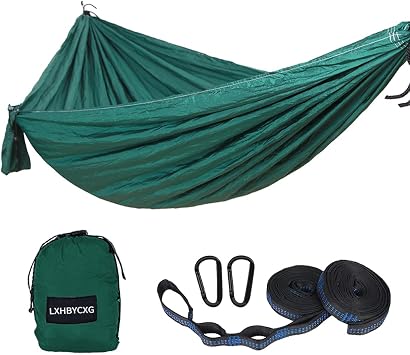 Camping Hammock Double & Single Portable Hammocks Ultralight Nylon Parachute Hammocks with 2 Tree Straps for Backpacking, Travel, Beach, Backyard, Camping, Hiking Medium, Green Black