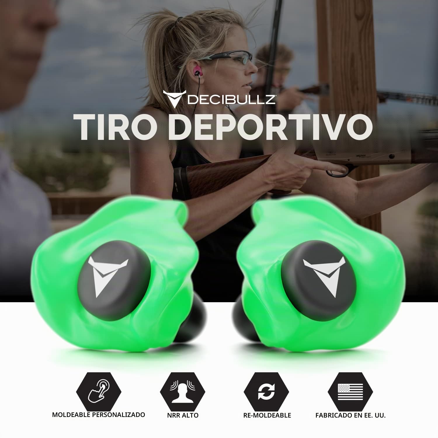 Decibullz - Tapones para los oídos moldeados a medida, 31 dB más alto, cómodo protección auditiva para disparos, viajes, trabajo y conciertos (verde)