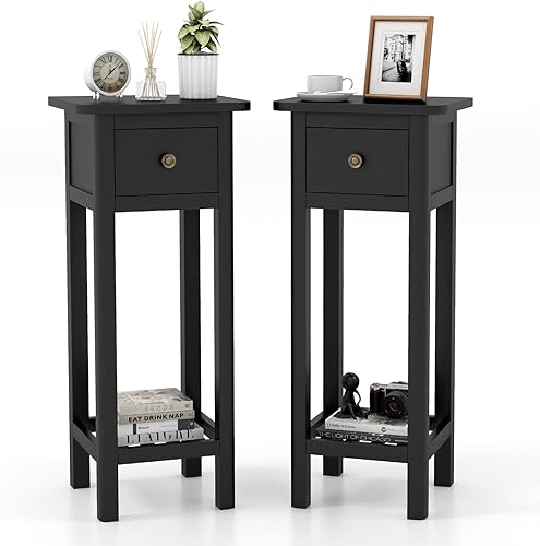 Miniatura 14 de Giantex Mesa auxiliar estrecha con cajón, mesa auxiliar alta de madera de acacia con estante inferior, mesas de noche modernas, mesita de noche de 2