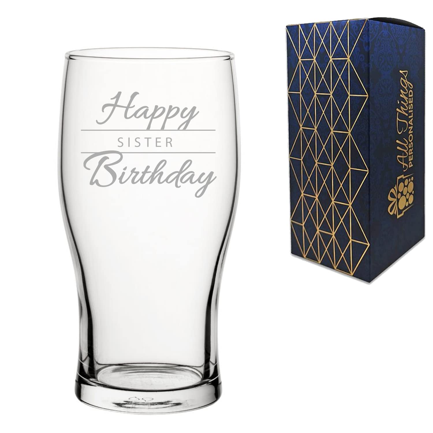 Engraved Sister Birthday Gift, Tulip Pint Glass, Holds 20oz, 590ml, Gift Boxed, Happy Birthday Script Design, Gift for Her, Gift for Sister, Laser Engraved in The UK