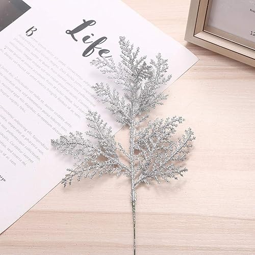 Miniatura 4 de YLSZHY 10 piezas de hoja de helecho artificial con purpurina de Navidad, adorno de árbol de Navidad de imitación de rama de árbol de Navidad, corona