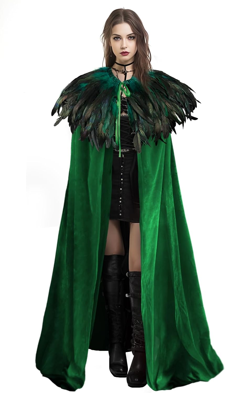 HOMELEX Unisex Solid Color Velvet Adult Cape with Real Natural Gothic Feather Cloak