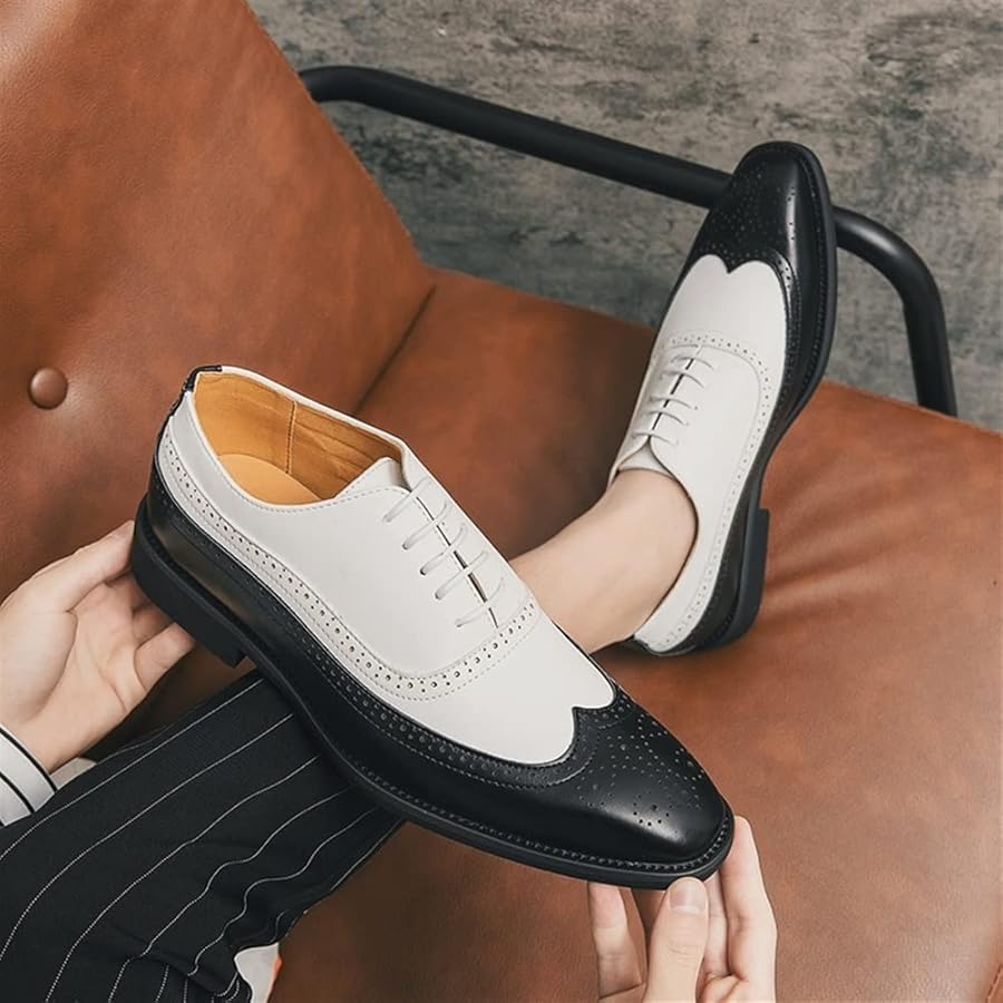 Scarpe Oxford Classiche con Punta Piatta in Vernice da Uomo, Scarpe Oxford Lucide in Vera Pelle da Uomo d'Affari Stile Britannico con Punta Alari(38 EU