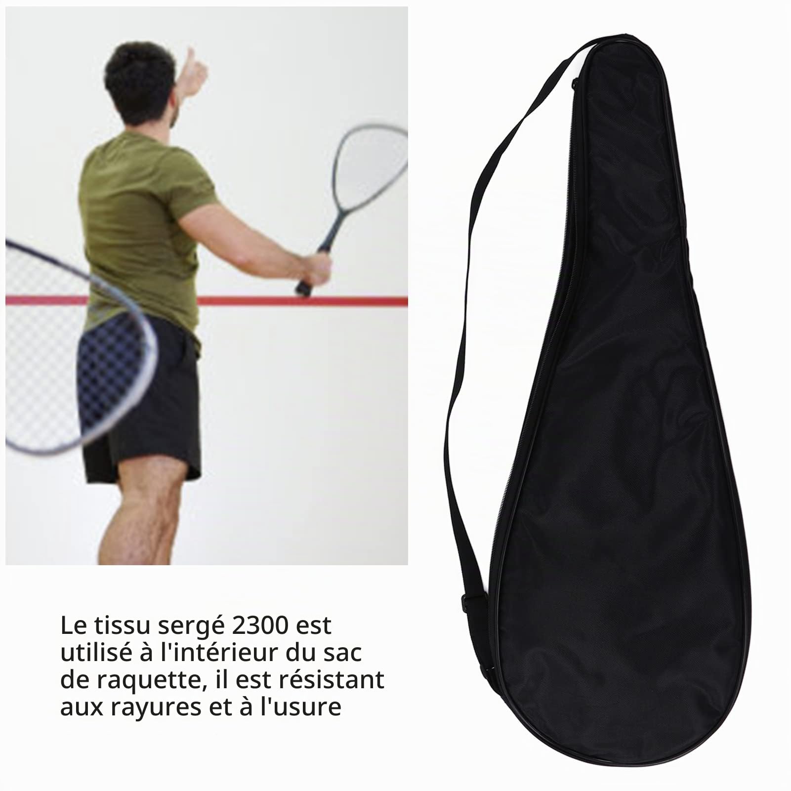 Sac de Housse de Raquette de Squash, Sac de Transport Léger rembourré avec Bandoulière Réglable (Noir)