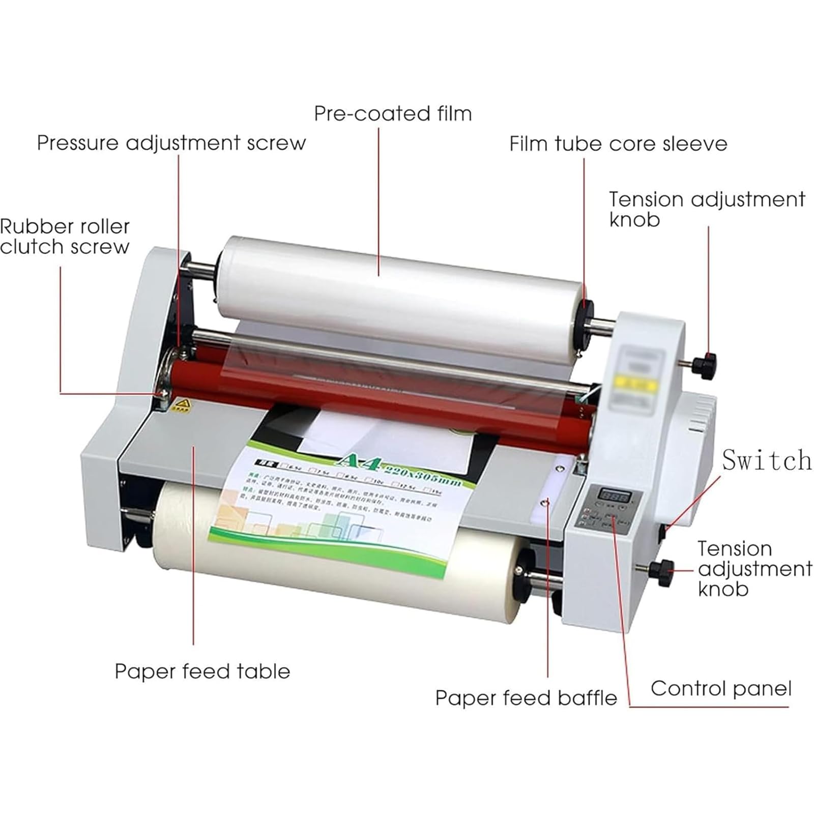 Laminatrice per Rotoli Freddo Caldo, Plastificatrice Elettrica Caldo con Schermo Visualizzazione, velocità: 0,3~3 M/Min/Regolazione della velocità 9 Livelli/intervallo Temperatura: 0~180 ℃