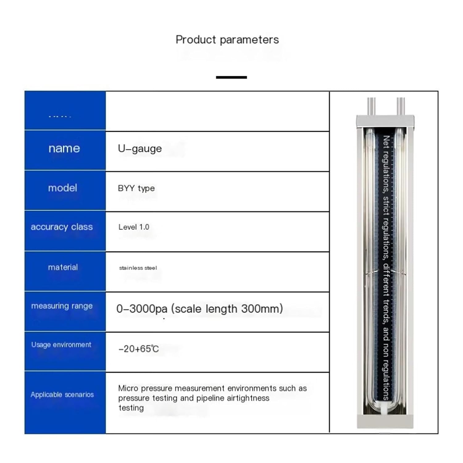 BBY Stainless Steel U-Type Pressure Gauge Differential Pressure Gauge Water Column Gauge 0-3000pa(Plus Minus 1000pa)