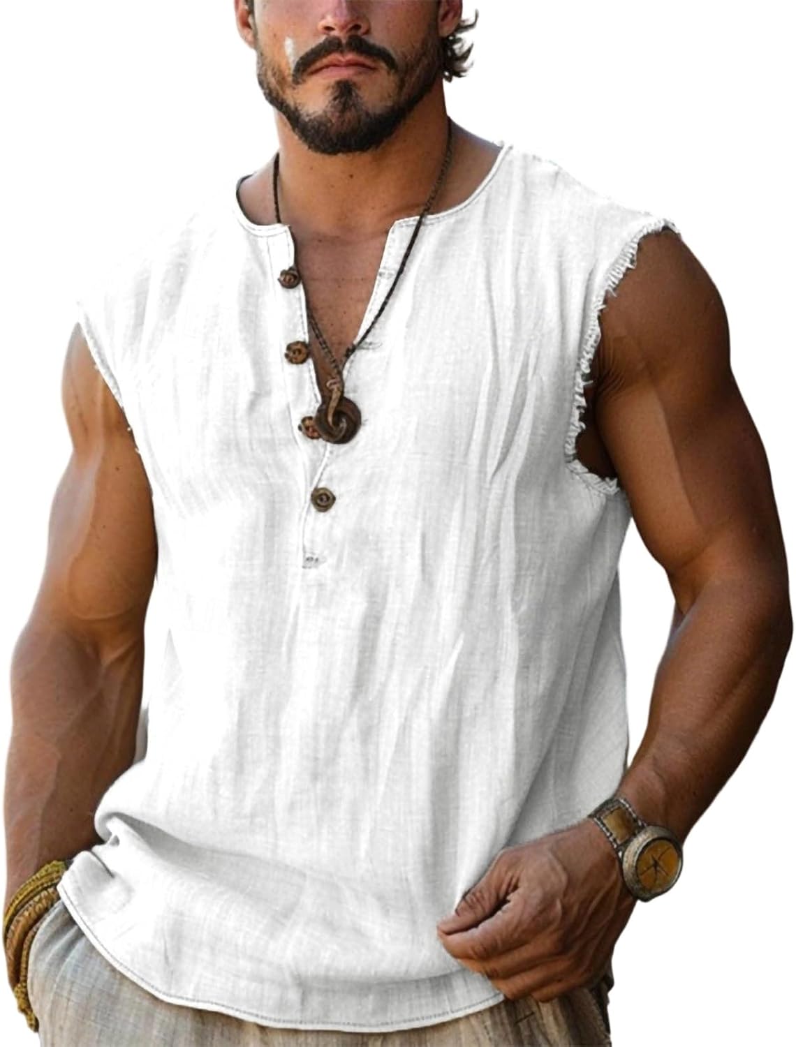 Mens Summer Tank Tops Frayed Cut Off Sleeveless Casual Button Down Henley Shirt Beach Hippie Vintage Vest