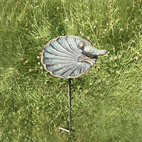 Whw Whole House Worlds Scallop Shell Garden Stake, Bird Feeder, Cast Iron, Rustic Green Patina, 3 Feet 2.5 Inches Tall #TOP2
