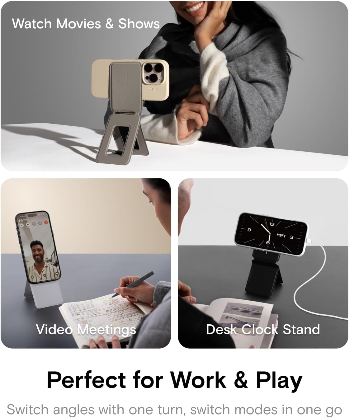 MOFT Phone Tripod Stand Selfie Stick for iPhone, Multi-Angles iPhone Stand, Lightweight & Portable Phone Holder, Strong Magnets, MOVAS Vegan Leather, Travel Essentials, Jet Black (Without Card Slot) - Image 5