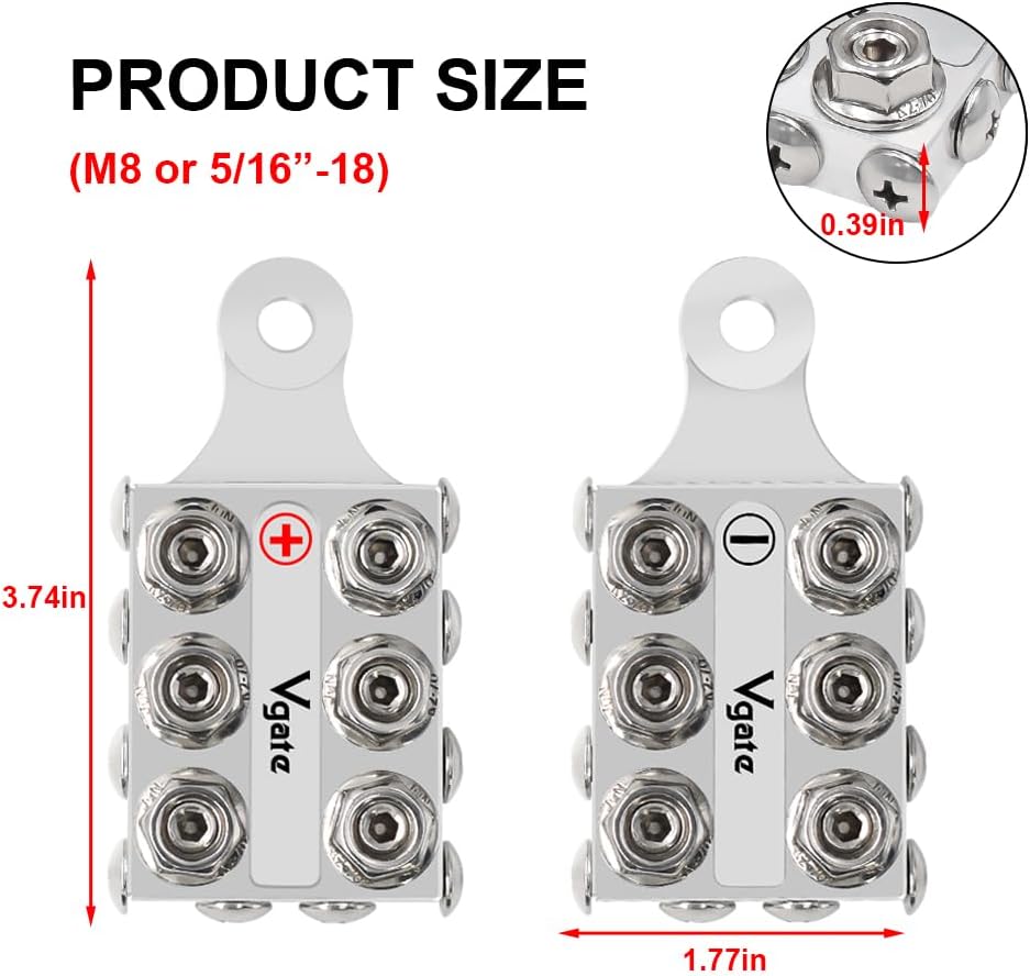 Vgate Car Battery Terminal Connectors，16-Way Battery Terminal Clamps, 8AWG up to 4/0(XL) AWG Gauge for Lithium or AGM Lead Acid Battery, Positive and Negative (+/-)(1 Pair) for M8 or 5/16”-18