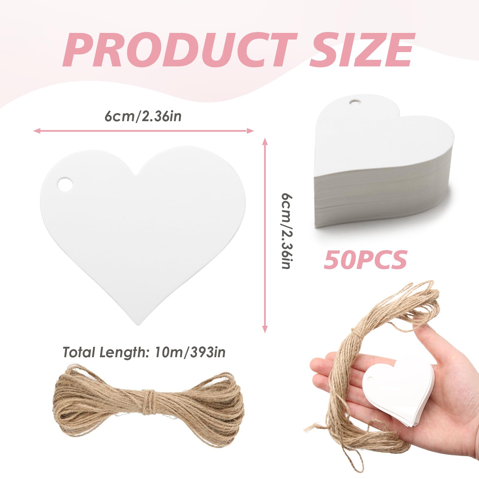 Bigliettini Bomboniere,50pcs Etichetta in Carta Kraft a Forma di Cuore e Spago da 10 M per l'Uso Come Souvenir di Nozze, Confezionamento di Regali, Realizzazione di Oggetti Artigianali ecc. (B:Bianco)