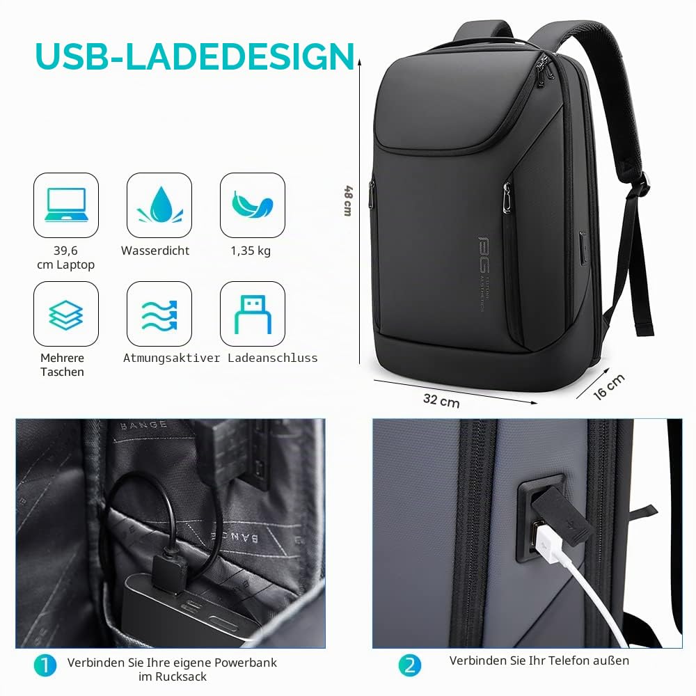 BANGE Business-Smart-Rucksack, wasserdicht, 39,6 cm (15,6 Zoll), Laptop-Rucksack mit USB-Ladeanschluss, langlebiger Reise-Rucksack all