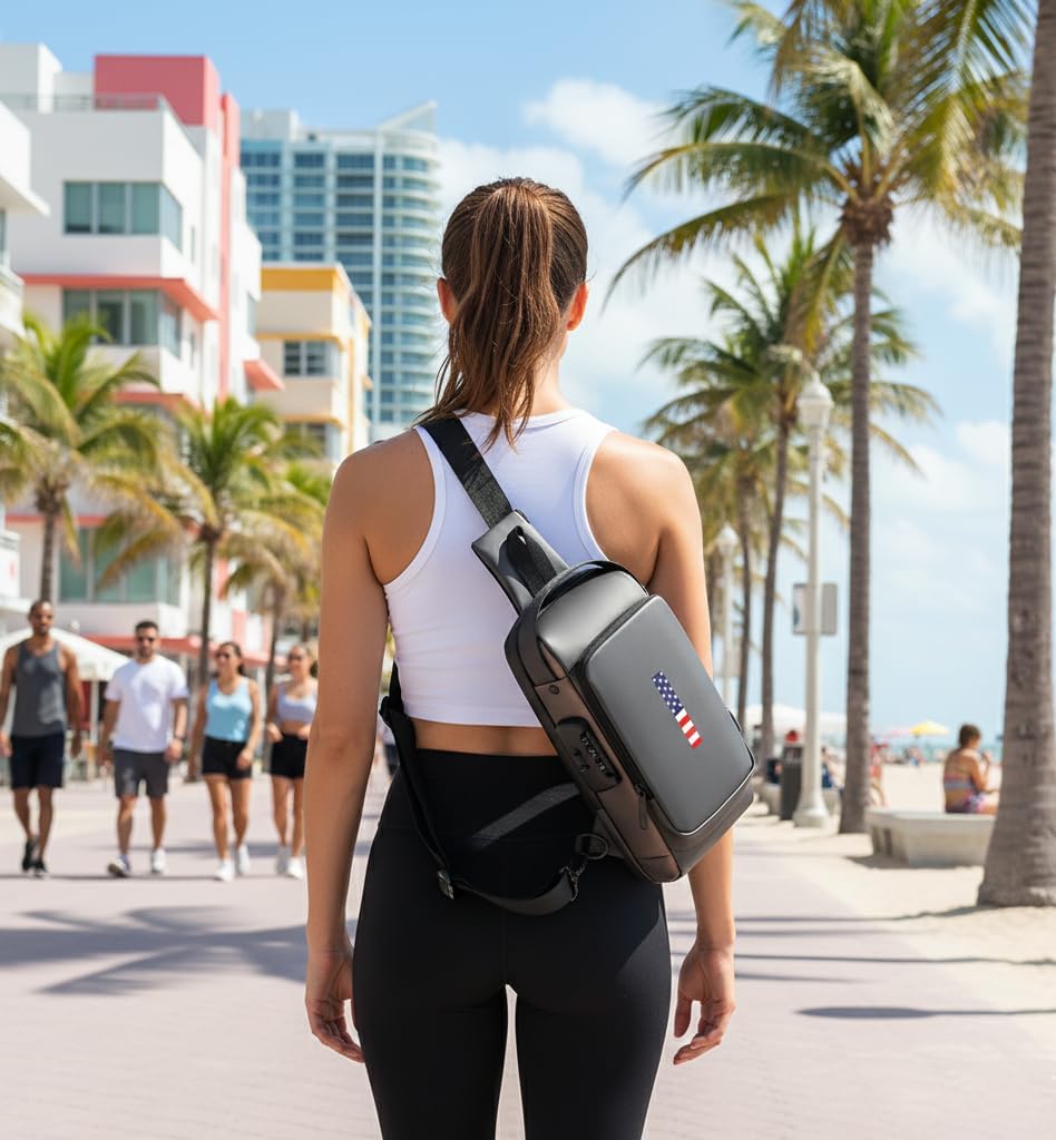 Anti-Theft Sling Bag for Men & Women | USA Flag Chest Shoulder Backpack | Waterproof Crossbody Daypack with USB Charging Port & Lock | Daily use, Travel, Working, Hiking, Cycling. (Grey or Black) - Image 3