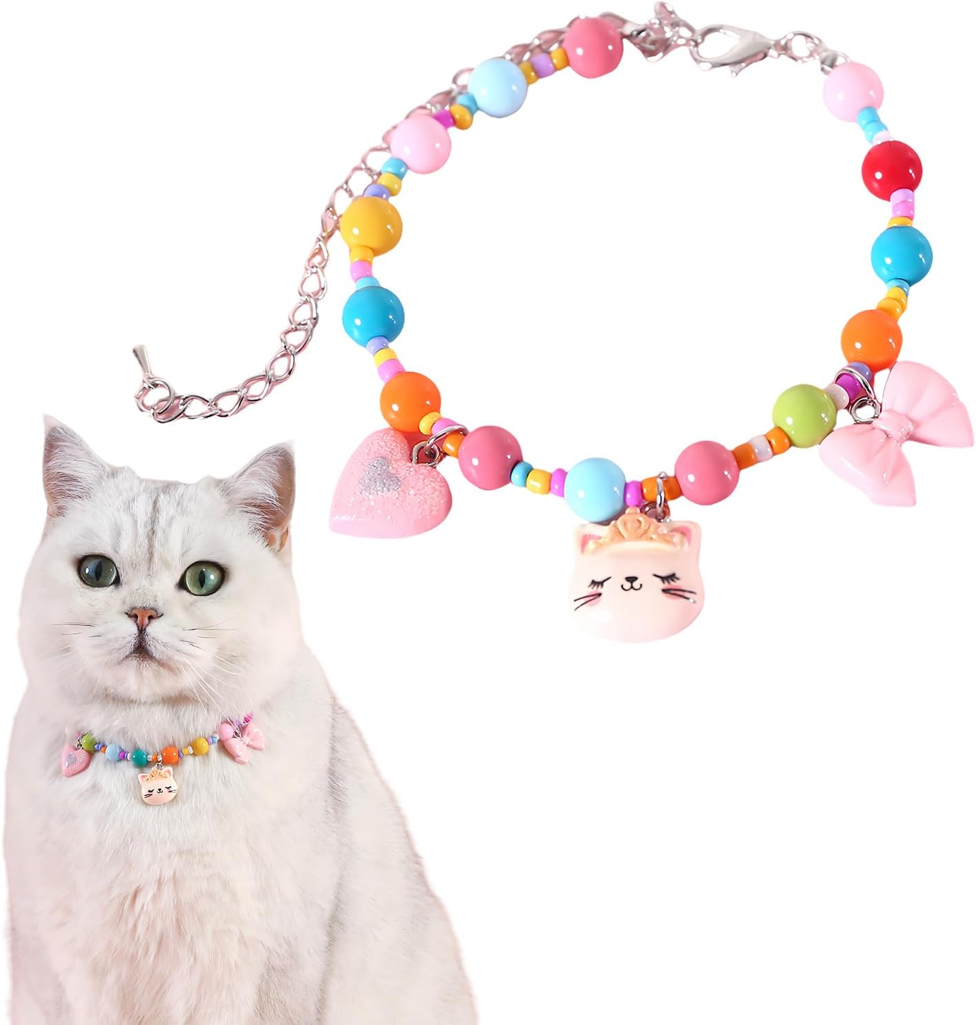 Pet Colourful Necklace Cat Pearl Pendant Necklace Cat Collar Pet Jewelry Accessories Cat Small Dog Cute Cartoon Rainbow Mermaid Princess Wind Collar (Kitten, S)