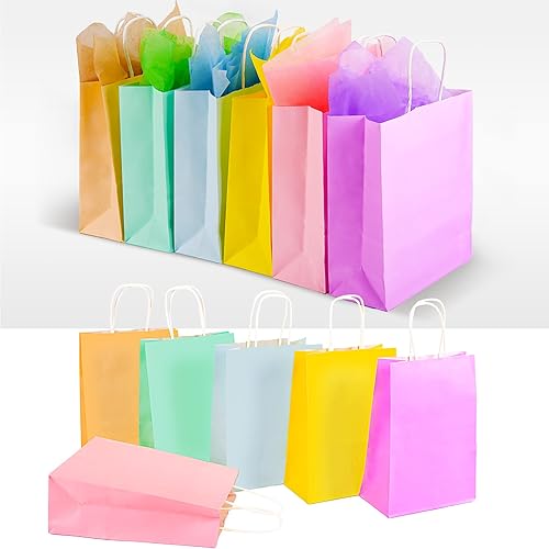 Miniatura 3 de Larcenciel 12 bolsas de regalo con papel de seda, bolsas de papel de 6 colores con asas, bolsas de regalo de fiesta de arcoíris, bolsas de dulces,
