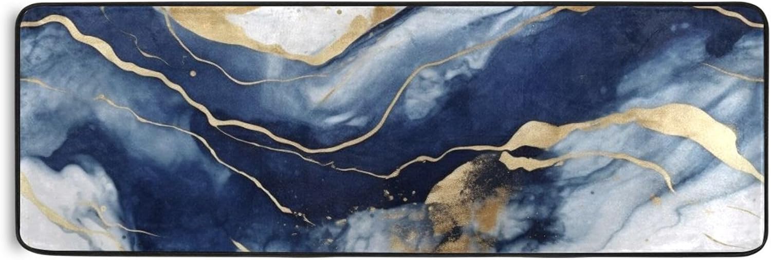 Runner Rug Non Skid Area Rugs, Marble Blue Gold Indoor Outdoor Kitchen Mats Carpet for Living Room Bedroom Home Decor 61 x 183cm