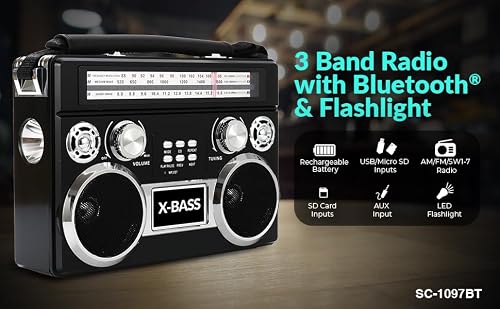 Supersonic SC-1097BT Portable 3 Band Radio with Bluetooth and Flashlight, M/FM/SW Receiver with MP3 Playback, High Sensitivity, Telescopic Antenna and Long-Lasting Battery