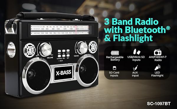 Supersonic SC-1097BT Portable 3 Band Radio with Bluetooth and Flashlight, M/FM/SW Receiver with MP3 Playback, High Sensitivity, Telescopic Antenna and Long-Lasting Battery by Supersonic - Image 2