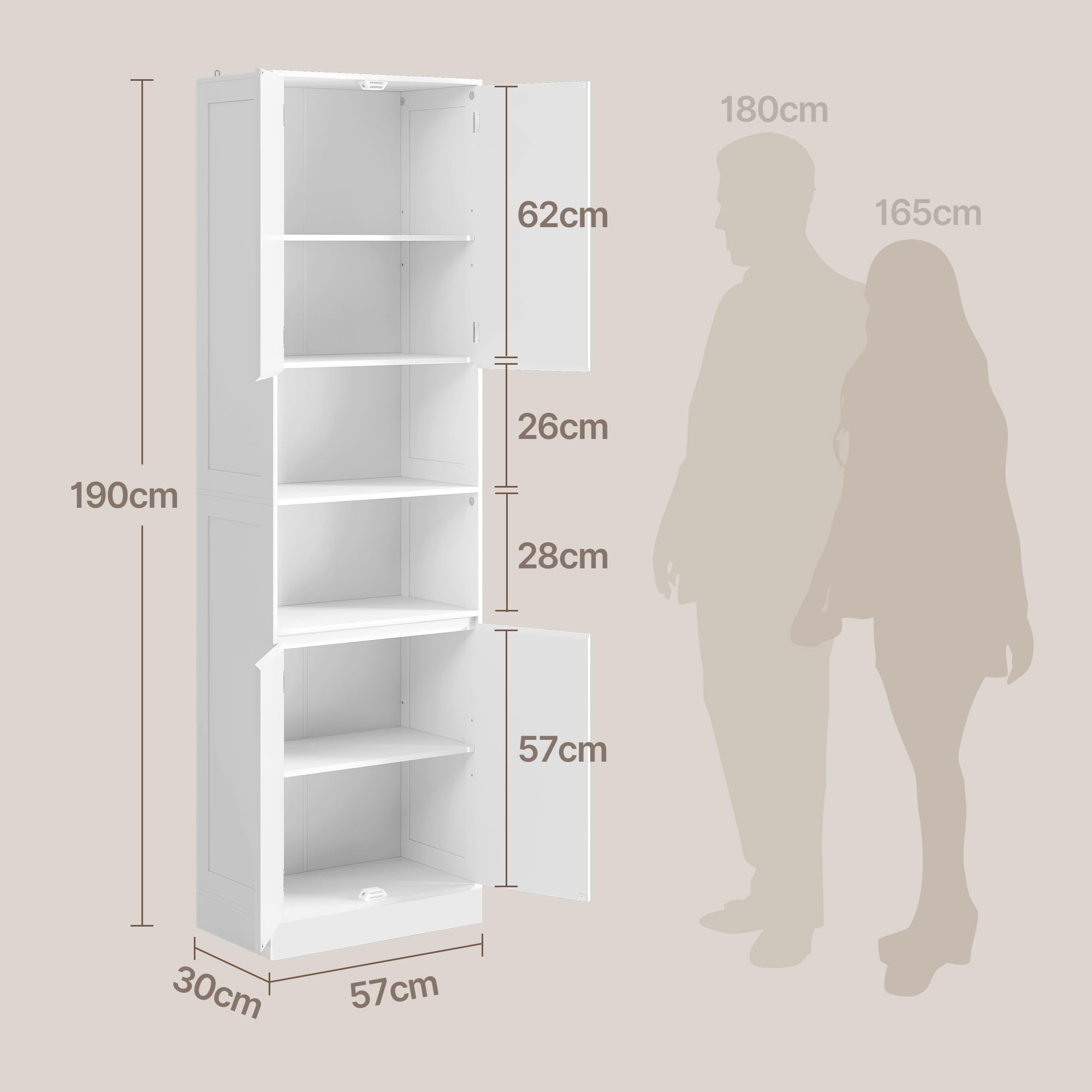 Xbro Mobile bagno 190×30×57 cm, contenitore bagno con ripiani regolabili, cassetti e vani aperti, armadio alto versatile per bagno, cucina e soggiorno, montaggio semplice, bianco