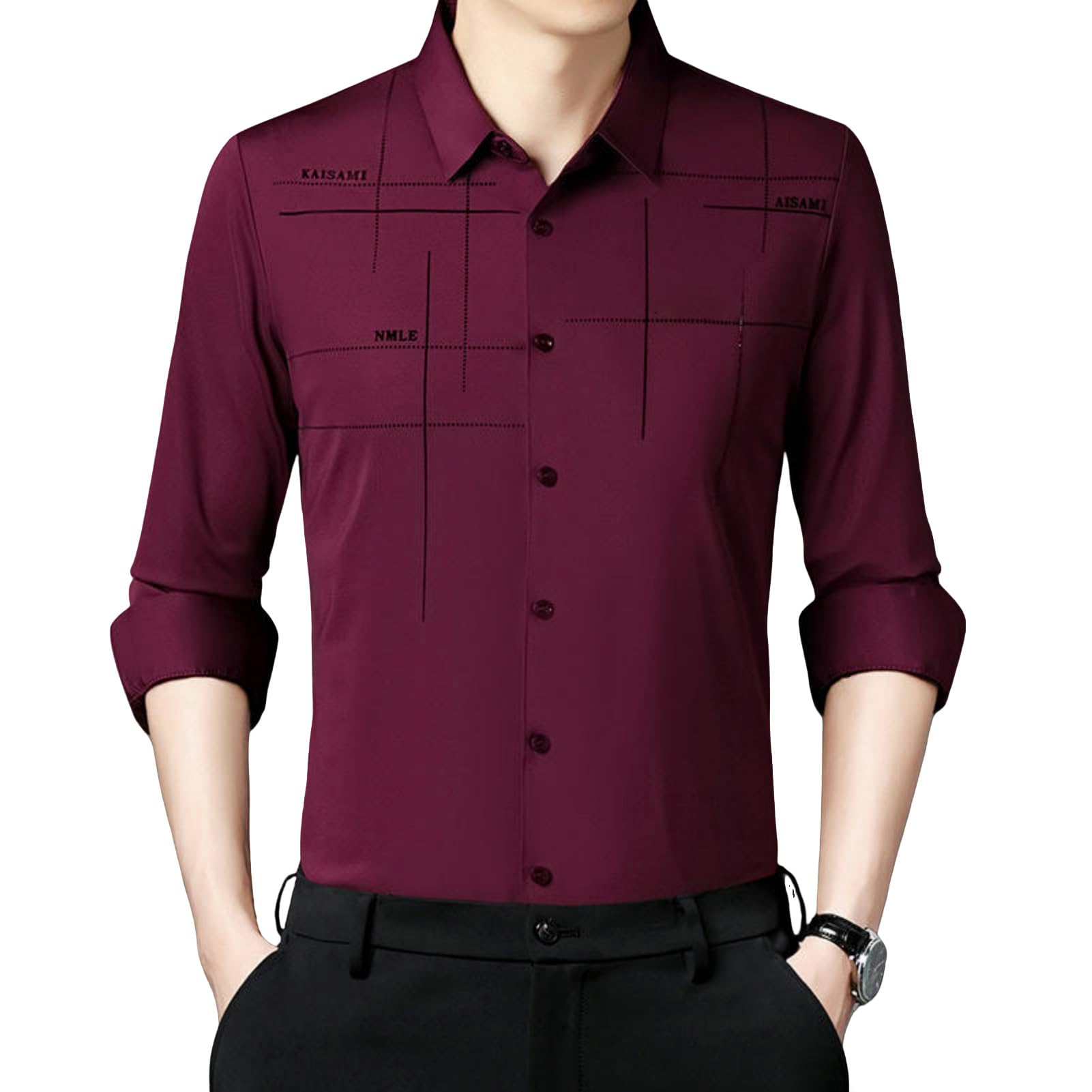 Camisa de manga larga para hombre con estampado de letras, corte ajustado, resistente a las arrugas, ligera con botones
