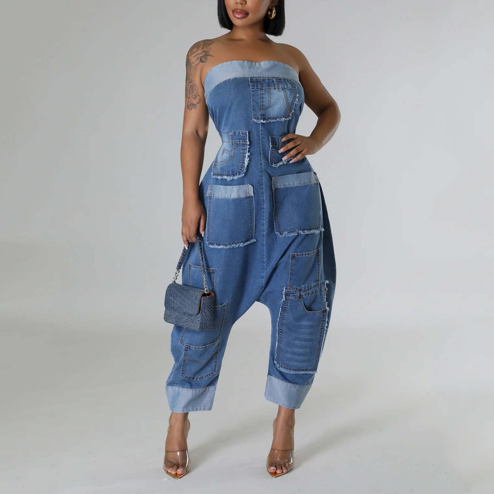 Combinaison en jean pour femme - Sans bretelles - En denim - Avec plusieurs poches - Patchwork stretch - Bandeau - Baggy - Clubwear - Une pièce - Pantalon décontracté