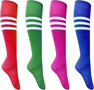 4 pares de calcetines hasta la rodilla, aptos para tallas 6-10, calcetines de patinaje de rayas triples calcetines de rodilla de bruja alta de patinaje colorido atlético (rosa/azul/rojo/verde)