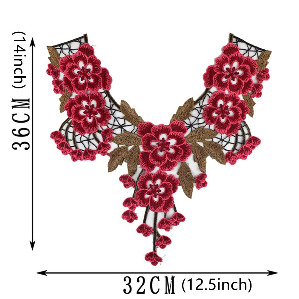 Applikationen für Kleidung, 4er-Pack bestickte Ausschnitt-Applikationen mit Blumenmuster(Burgundy)