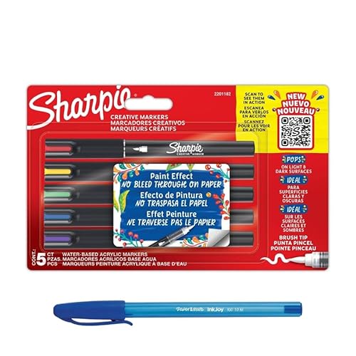 Sharpie Set Creative Acrylic Markers | Blister of 5 Colors | Brush Tip |Water Based | Working on Glass | + Paper Mate Pen Gift
