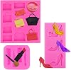 3 Pack Handbag Clutch Bags Purses High-heel Shoes Silicone Molds Makeup Design Candy Chocolate Molds Gum Paste Keychain Molds