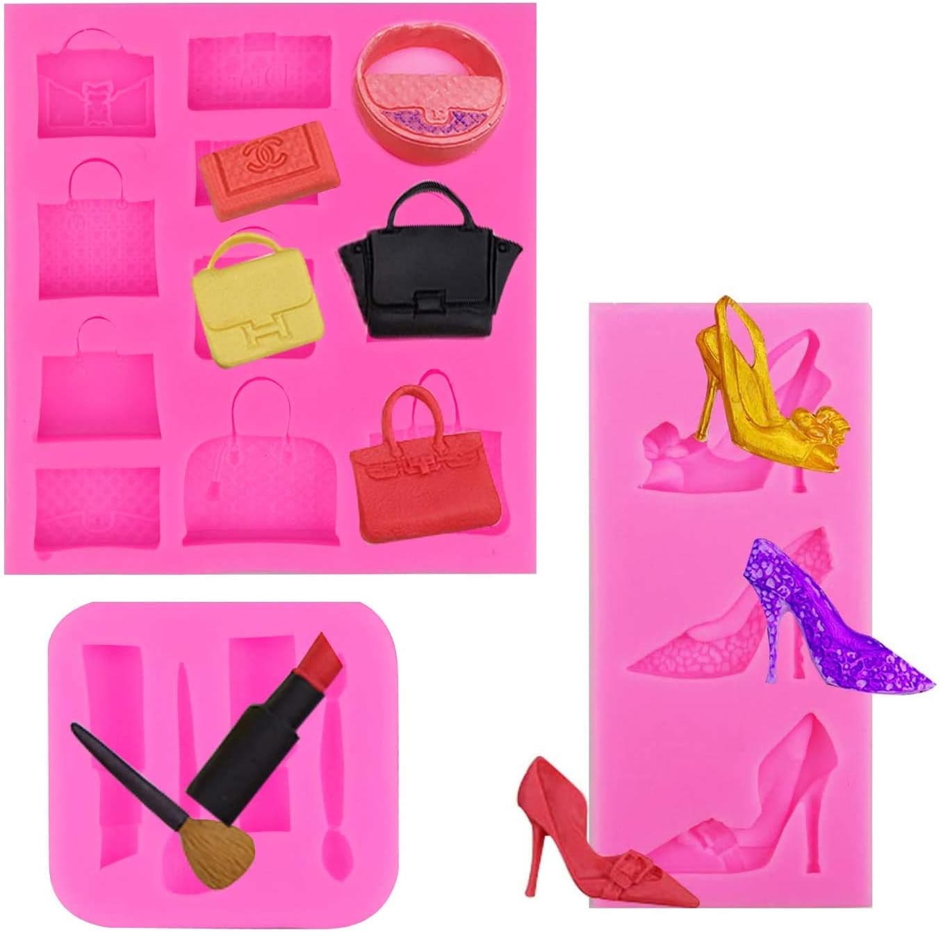 Chistepper3 Pack Handbag Clutch Bags Purses High-heel Shoes Silicone Molds Makeup Design Candy Chocolate Molds Gum Paste Keychain Molds