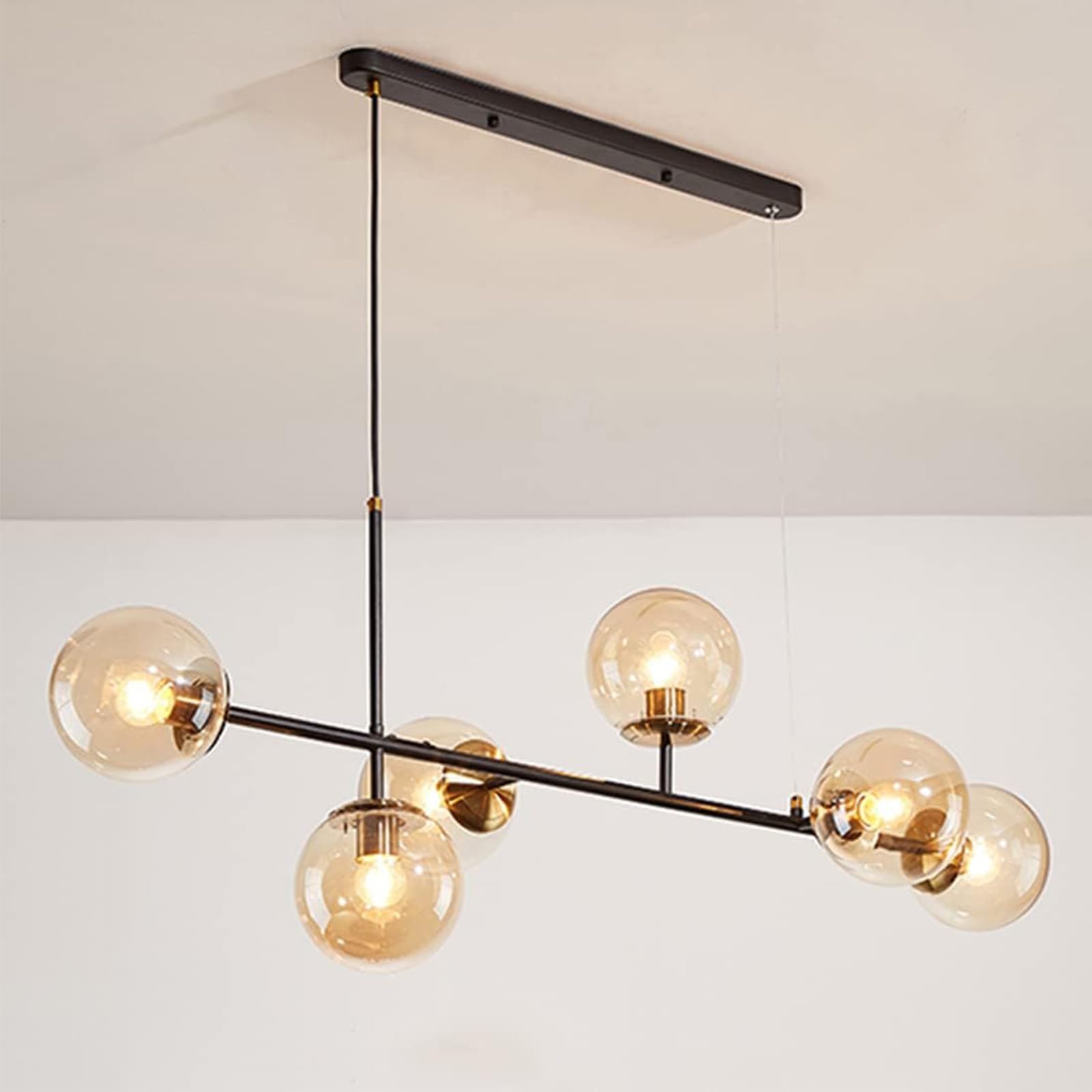 FZQSXAZU Modern Glass Globe Chandelier Lighting 6-Light Mid Century Industrial Chandeliers Pendant Light Linear Ceiling Hanging Metal with Ball Shade for Living Room,B
