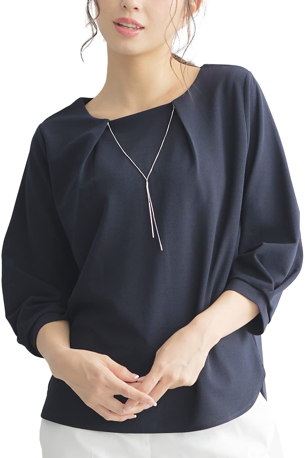 [リリヤーノ] ブラウス レディース 七分丈 アクセサリー付き 春 オフィス インナー カットソー シフォン トップス ラウンドネック カジュアル フォーマルブラウス おしゃれ シャツ オフィスカジュアル きれいめ 白 グレージュ ネイビー 通勤 OL 無地