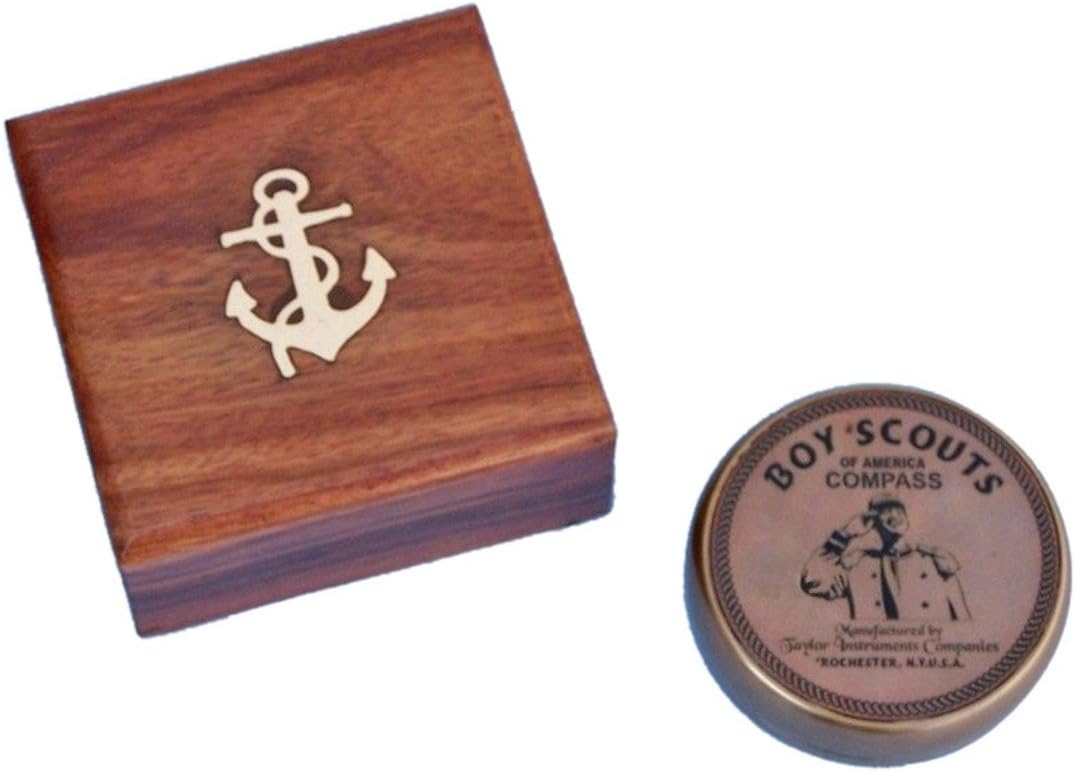 Antique Brass Boy Scout Compass with Rosewood Box, 3"