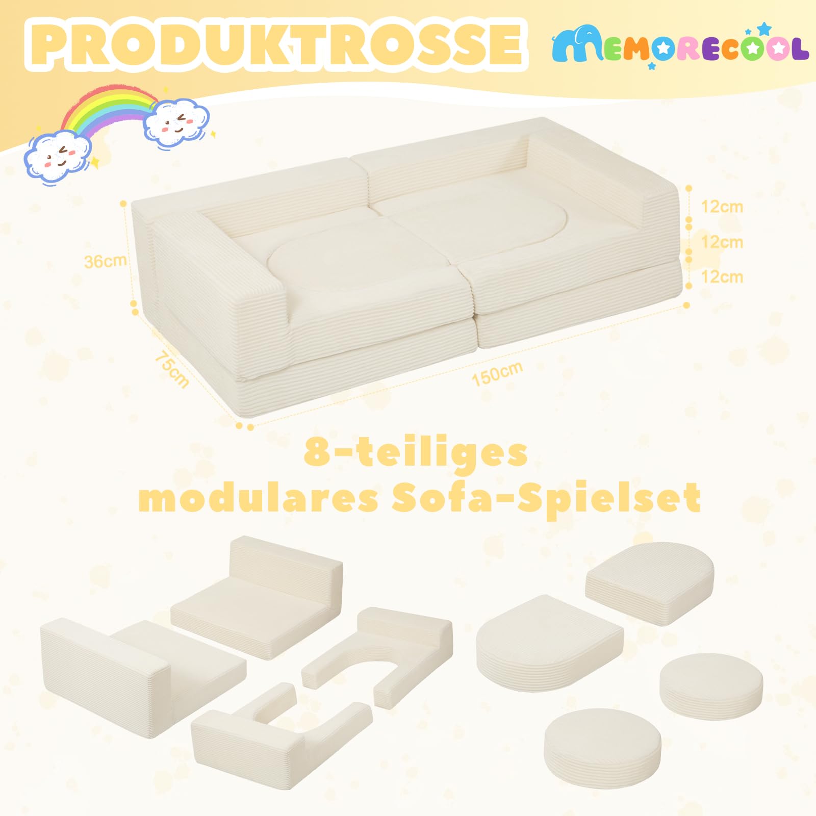 MeMoreCool Modulsofa 8-teilig Cord – Weiche Schaumstoff-Sitzlandschaft für Kinderzimmer & Wohnzimmer Flexibel anpassbar | Waschbare Bezüge | Kindersicheres Lounge-Sofa für Spielen & Entspannen, Beige