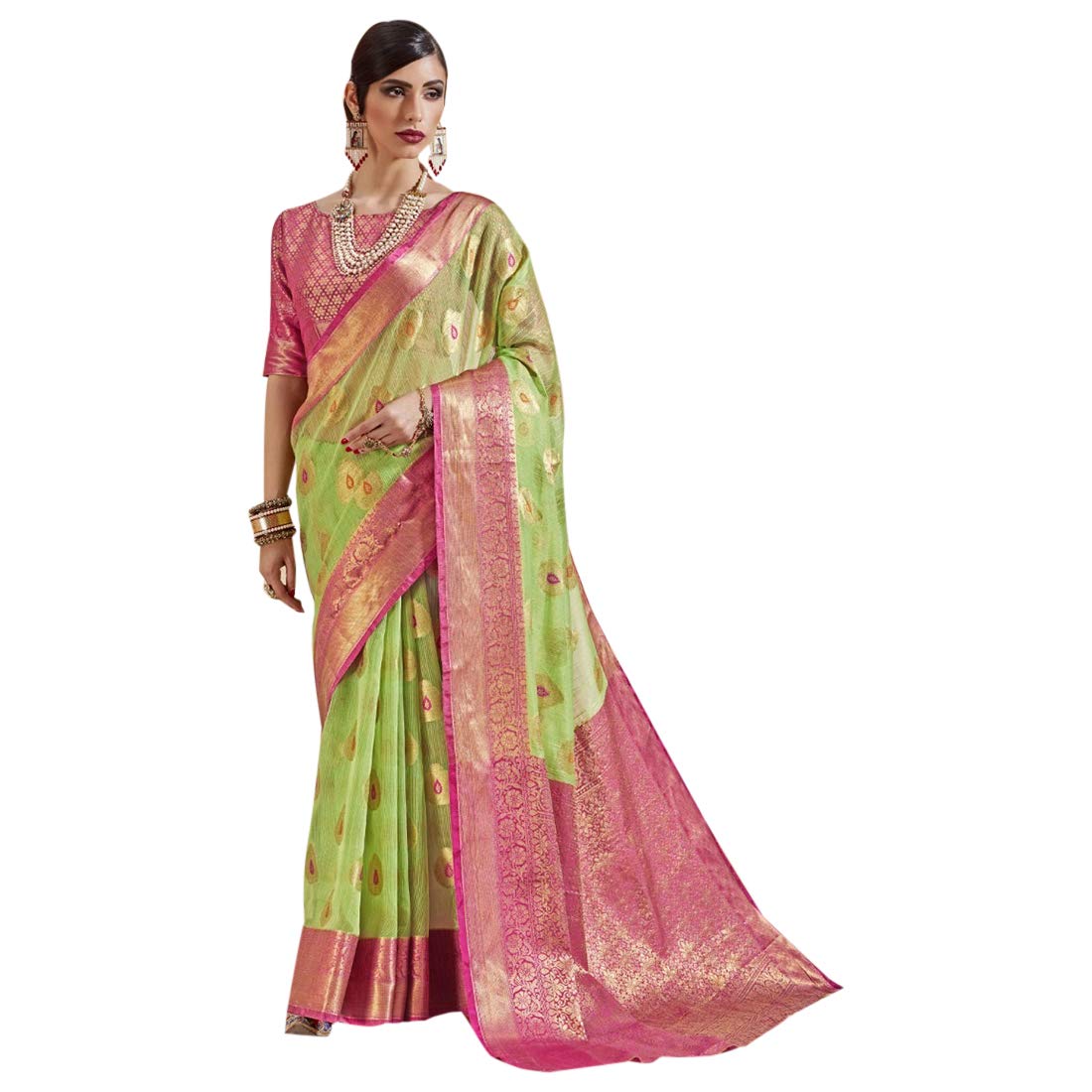 Camicetta Sari Indiana In Banarasi Silk Non Cucita - Blu/Oro, Per Matrimoni E Feste Bollywood
