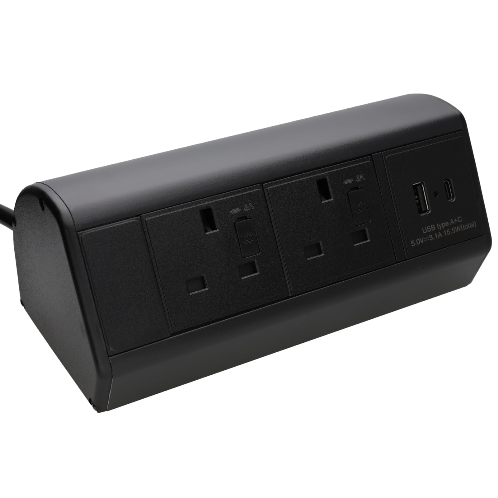 Desktop Bench Table Mountable PDU 2 x UK Sockets & USB-A/C Ports Power Pod Black