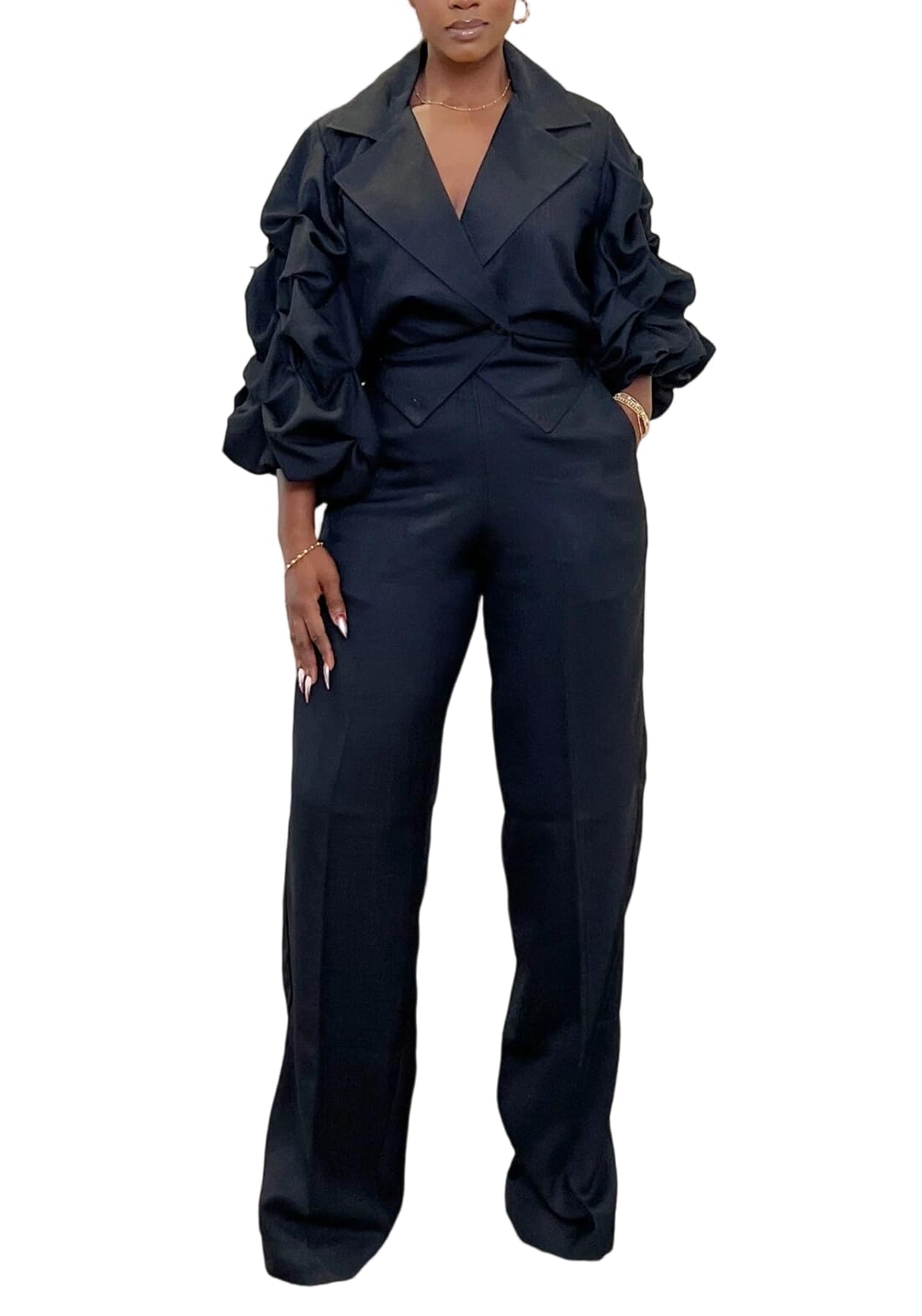 2 Piece Outfits for Women Dressy Lantern Sleeve Jackets High Waisted Blazer Pants Set for Work Business