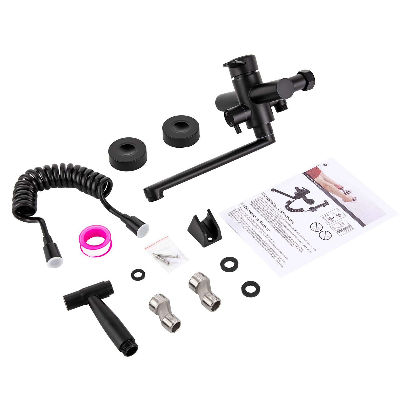 Grifo de cocina con ducha, grifo de pared, doble control de temperatura, grifo de pared, grifo de cocina, montaje en pared, fácil montaje para cocinas, baños e inodoros (negro)