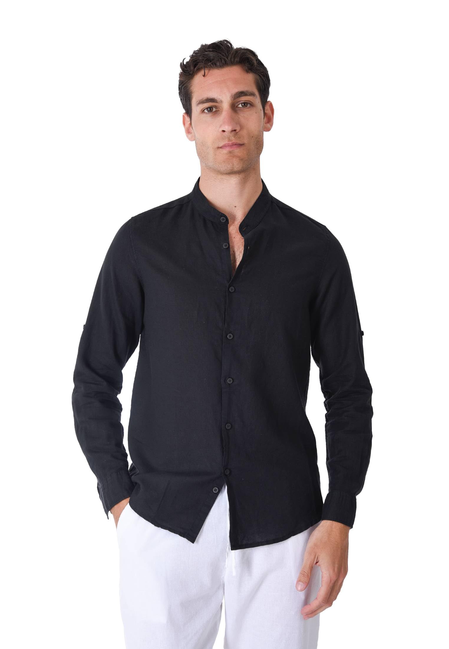 Camisa de hombre 100% lino cuello coreano blanco azul beige celeste negro rosa verde manga larga verano Slim Fit Serafino Sartorial Mangas revolables Negro M