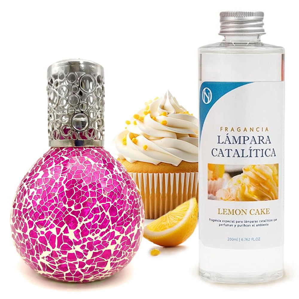 Pack Ahorro Lámpara Catalítica Mosaico Fucsia + Fragancia Aroma Lemon Cake 500ml. Elimina Malos olores e impurezas, perfuma y Limpia.