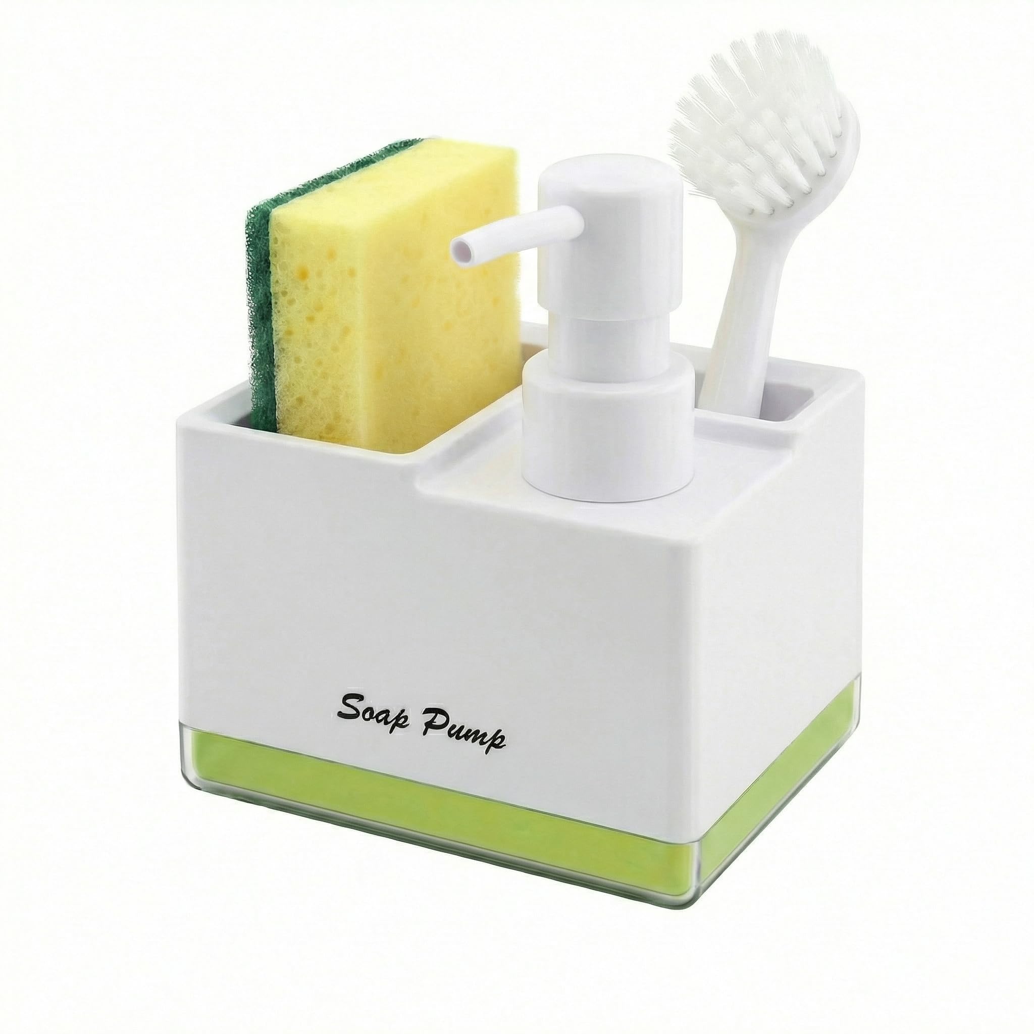 3-in-1 Dish Soap Dispenser with Sponge & Brush Holder, Compact Kitchen Soap Dispenser Countertop Sink Organizer, 500ml Capacity with Transparent Base & Non-Slip Dots (White)